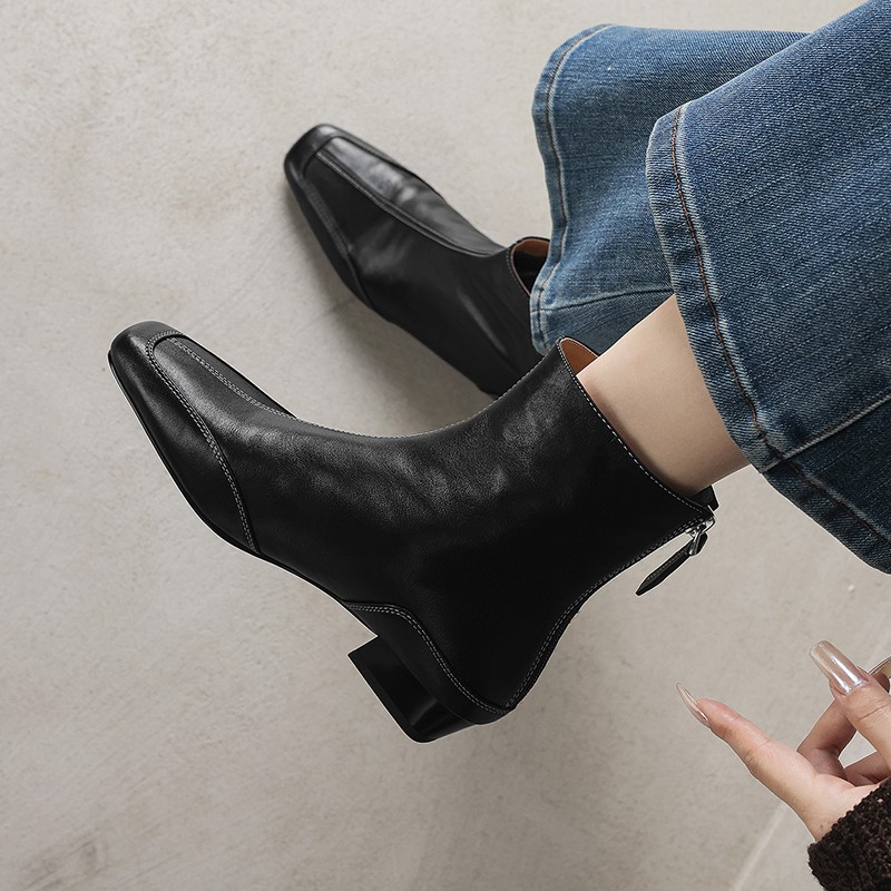 【NICESEE】3cm,韩版真皮瘦瘦靴女低跟后拉链真皮方头小短靴女主图