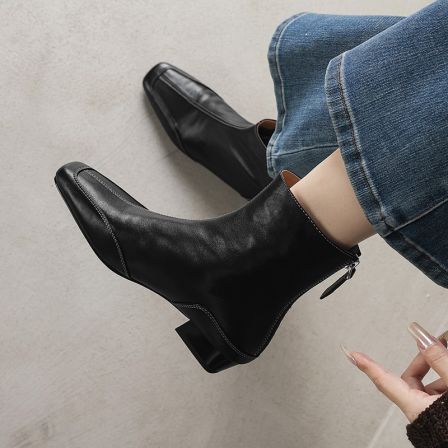 【NICESEE】3cm,韩版真皮瘦瘦靴女低跟后拉链真皮方头小短靴女