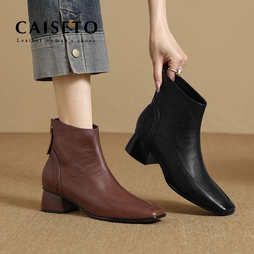 头层羊皮4cm粗跟中跟秋冬新款方头真皮女短靴真皮马丁靴5X014主图