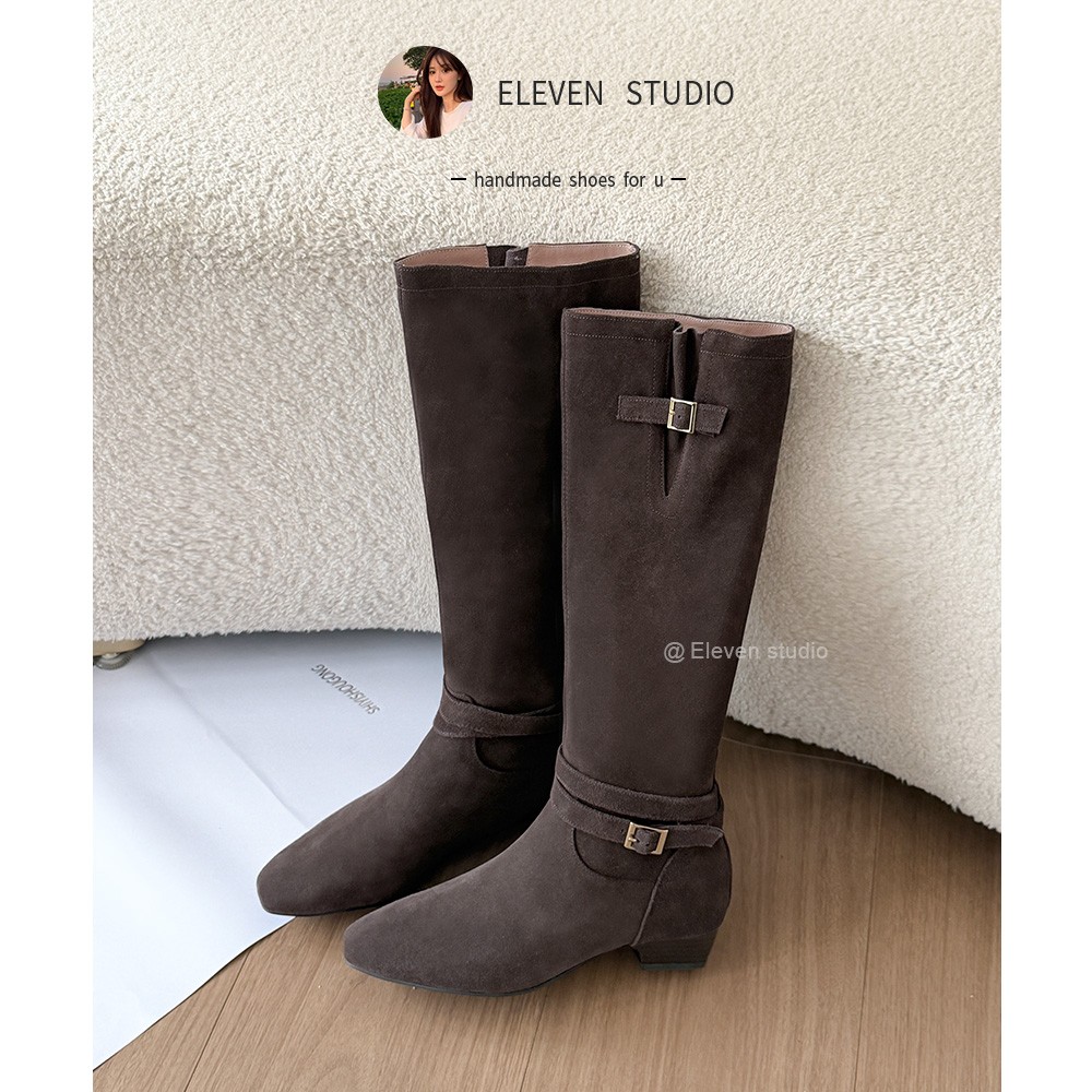 【王11】复古西部瘦瘦靴女尖头绒面新款皮带扣显瘦长靴 3CM/写作主图