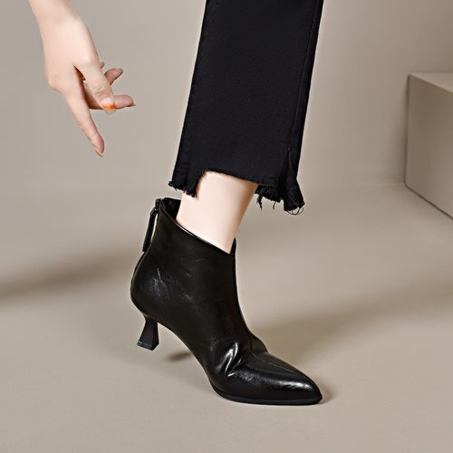 靴子女短靴高跟鞋秋冬高跟短靴尖头百搭小短靴法式冬季加绒靴子女主图