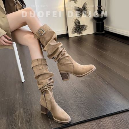 美拉德靴子女长筒靴女款2025秋冬新款时尚厚底粗跟西部牛仔堆堆靴