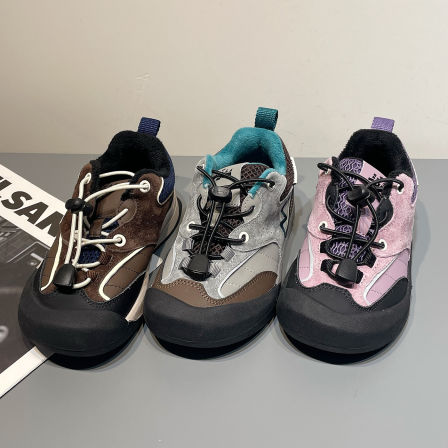 左左家中大童冬季加绒复古拼色免系带保暖运动鞋男女童防滑登山鞋