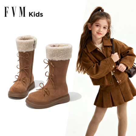 FVM女童鞋子儿童长筒长靴子2025新款秋冬季加绒高筒雪地公主皮靴