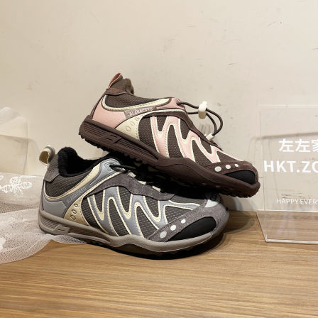 左左家2025秋冬复古加绒拼色百搭老爹鞋男女童轻盈软底休闲运动鞋