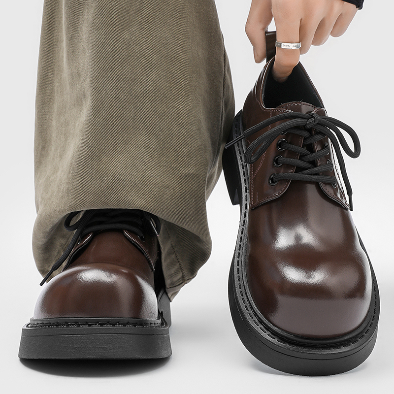 棕色德比鞋男cleanfit圆头厚底增高百搭米奇大头鞋英伦通勤皮鞋潮主图