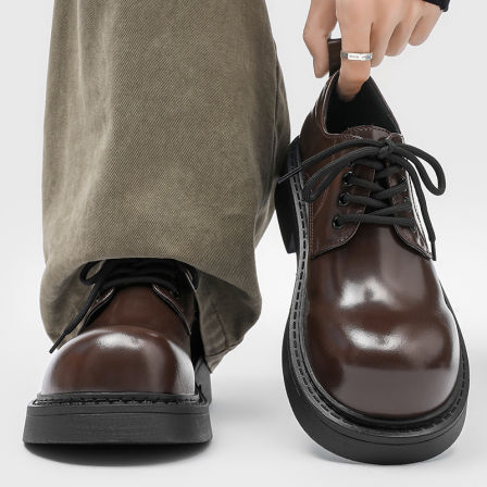 棕色德比鞋男cleanfit圆头厚底增高百搭米奇大头鞋英伦通勤皮鞋潮