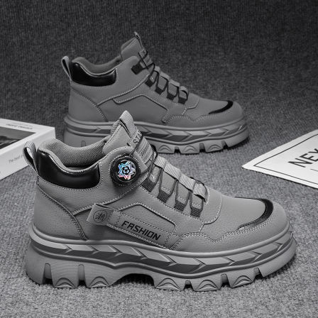 高帮男鞋2025新款秋季旋转纽扣防滑耐磨厚底工装靴男士中帮马丁靴