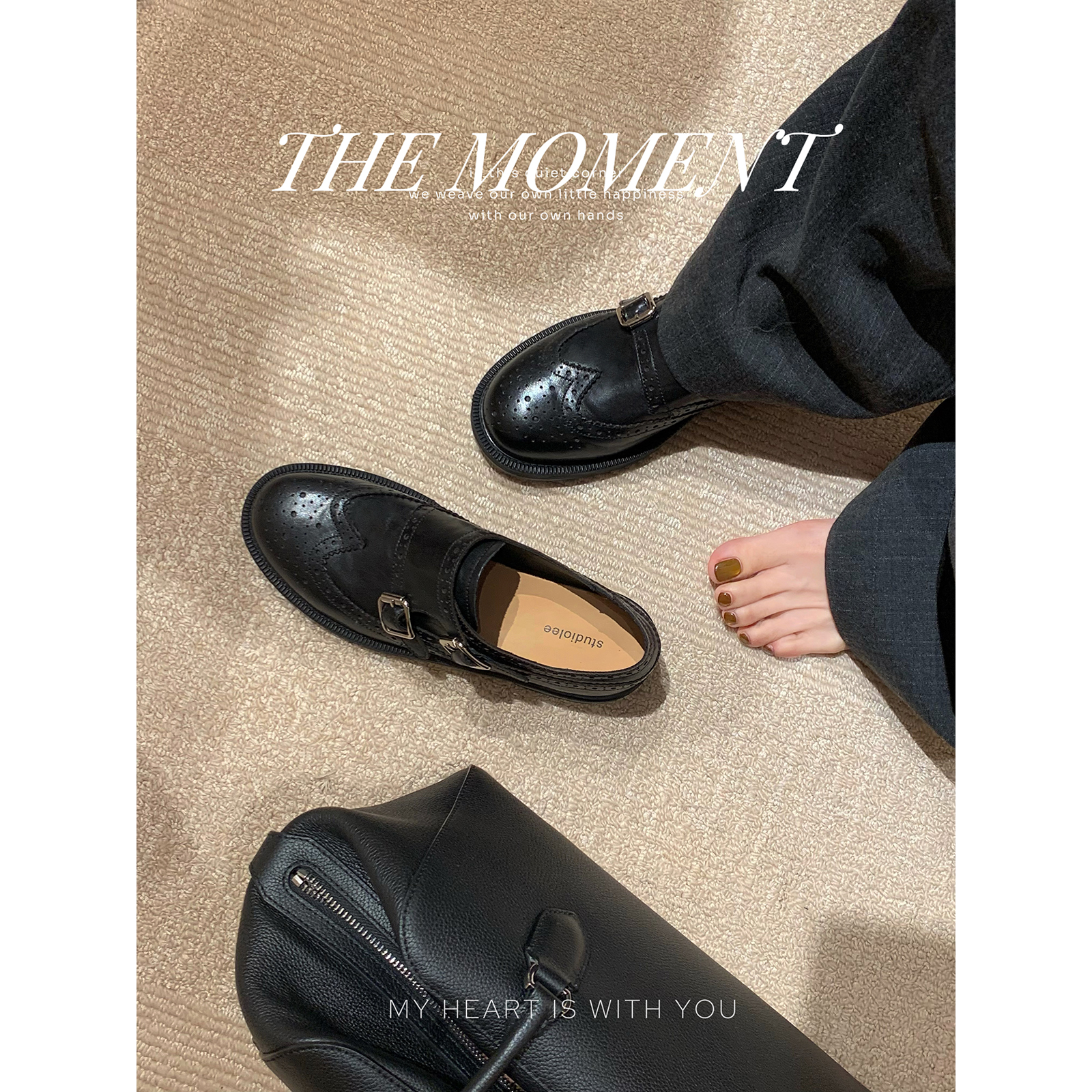 葡萄妈studiolee 植鞣手抓牛皮布洛克雕花双扣带绒里小皮鞋女秋冬主图