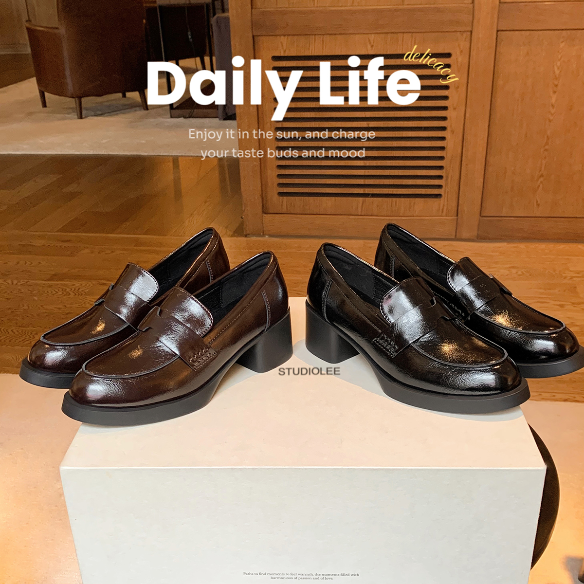 葡萄妈studiolee 增高6cm~ 小个子bi入绒里尖圆头粗跟乐福小皮鞋主图