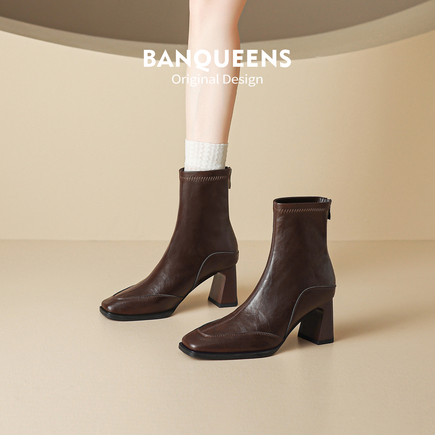 真皮版！半曲复古法式粗跟短靴显瘦高跟靴子2025秋新款优雅时装靴主图