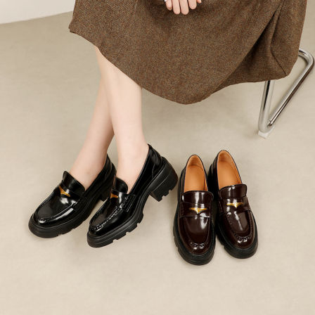 手工真皮乐福鞋女厚底增高英伦风小皮鞋粗跟圆头复古一脚蹬单鞋