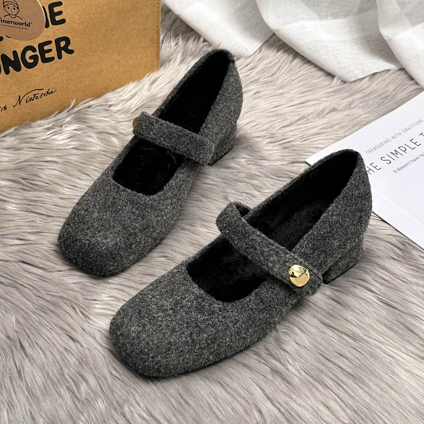 灰色玛丽珍鞋粗跟晚晚鞋配裙子的法式毛毛鞋女外穿加绒秋冬单鞋女主图