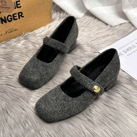 灰色玛丽珍鞋粗跟晚晚鞋配裙子的法式毛毛鞋女外穿加绒秋冬单鞋女
