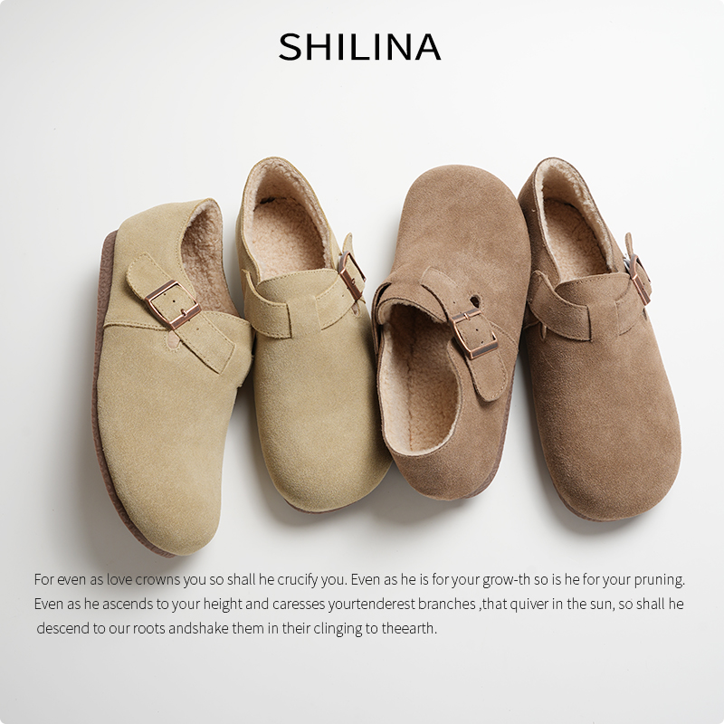 真皮复古勃肯鞋女磨砂牛皮2025新款秋冬加绒保暖棉鞋一脚蹬豆豆鞋主图