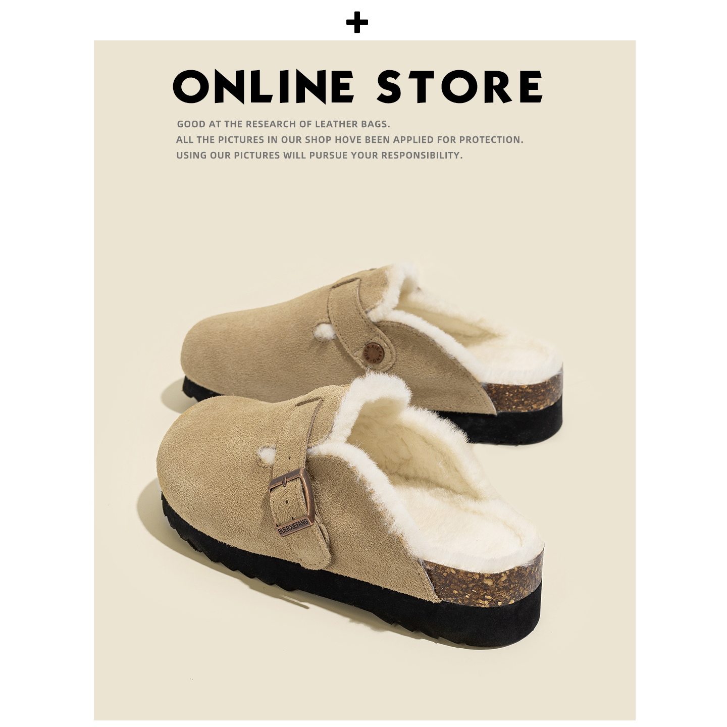 厚底增高～不二鞋坊2025新款毛毛勃肯鞋女加绒保暖包头半拖鞋棉鞋主图