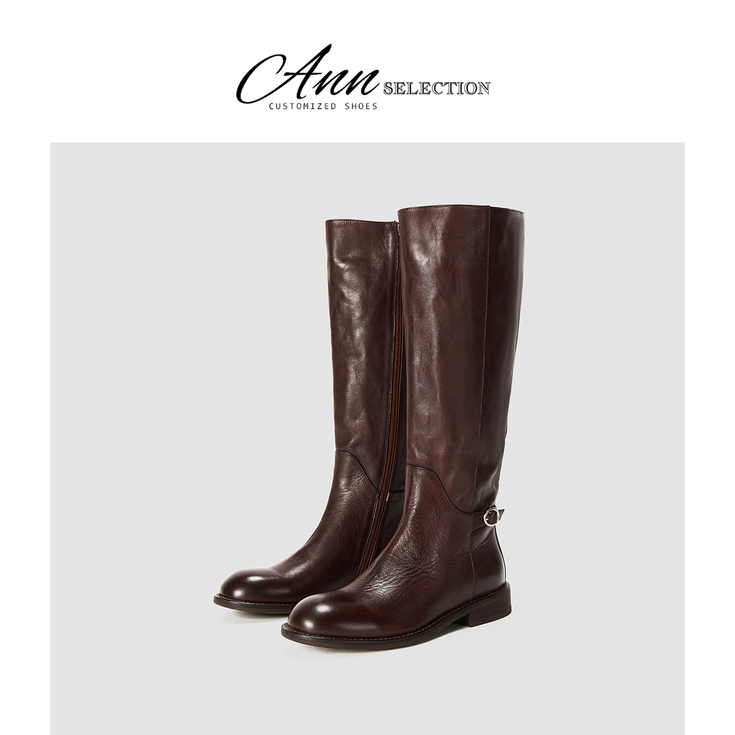 ANN美拉德复古真皮棕色骑士靴女2025新款百搭圆头低跟不过膝长靴主图