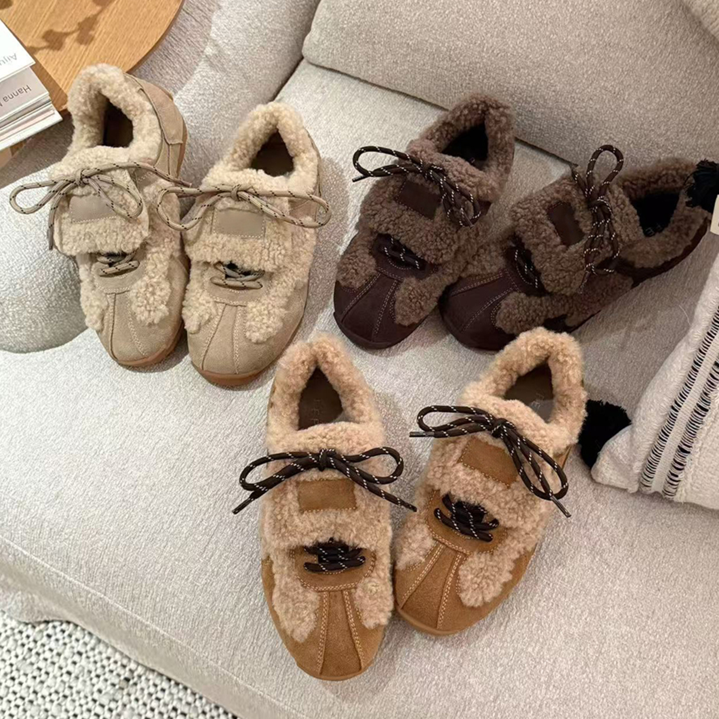 牛皮版~复古加绒德训鞋女百搭厚底休闲毛毛鞋保暖系带东北大棉鞋主图