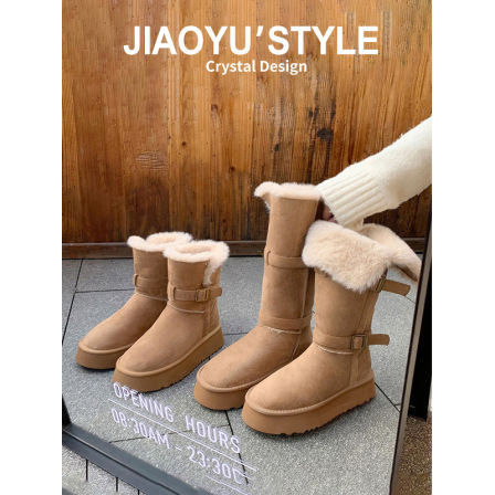 真皮~骄屿厚底雪地靴女冬季新款加绒加厚保暖中高筒东北长筒棉鞋