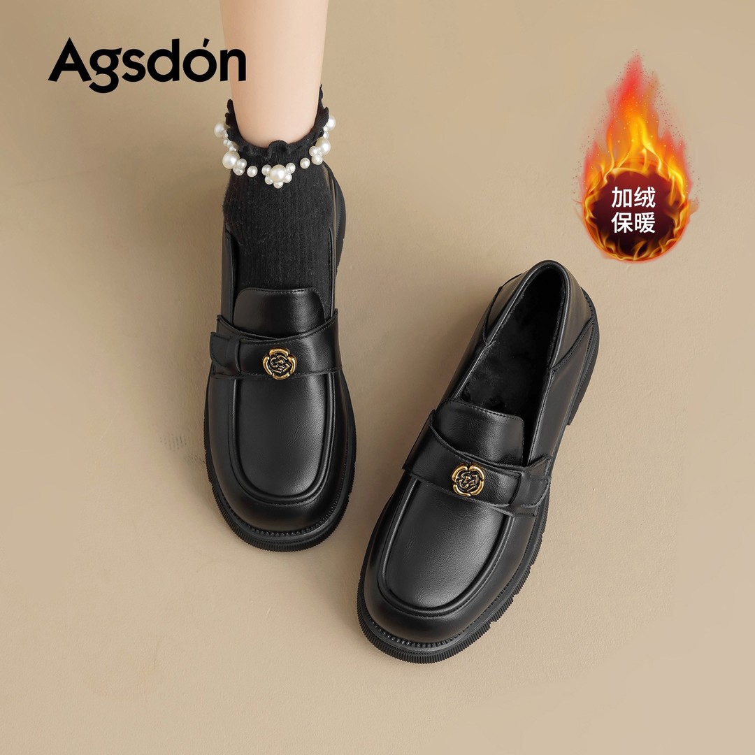 【奥古狮登】乐福鞋女厚底5.5CM英伦风加绒小皮鞋P553582+R553582AA主图