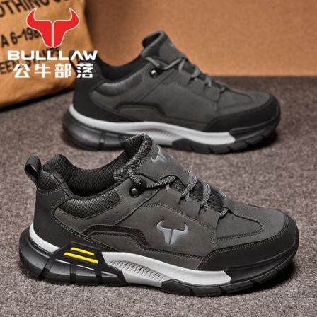 【公牛部落】秋冬新款户外男士休闲鞋皮面防水防滑增高耐磨登山