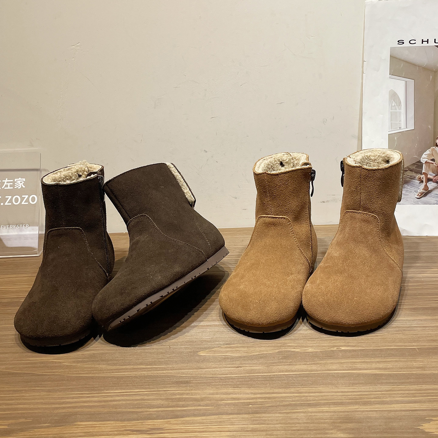 左左家女童2025冬季新款复古短筒加厚皮靴儿童百搭保暖勃肯靴棉靴主图