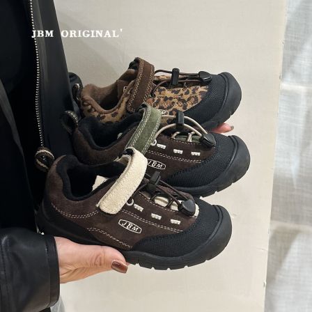 JBM 2025冬季新款儿童二棉加绒德训鞋男女童豹纹休闲运动鞋软底鞋