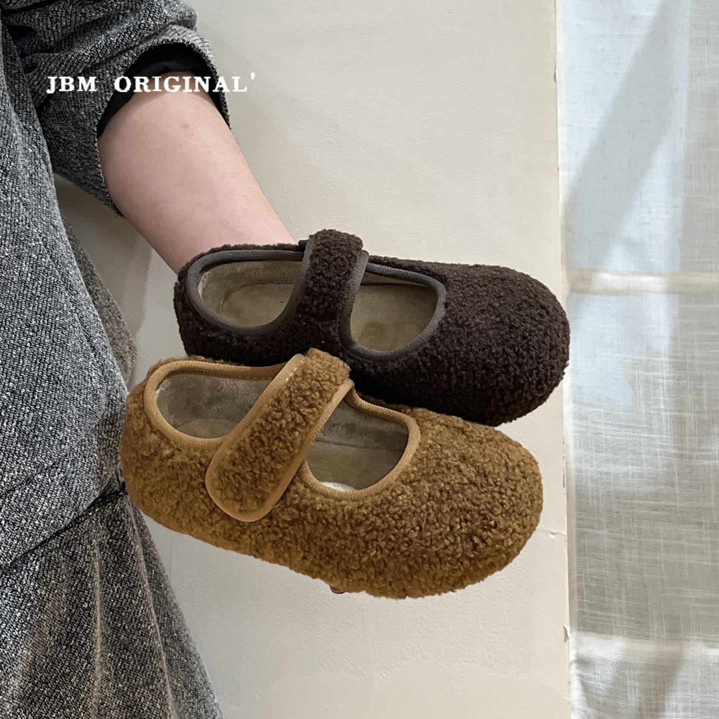 JBM 韩版儿童玛丽珍加绒浅口毛毛鞋2025冬新款女童复古软底豆豆鞋主图