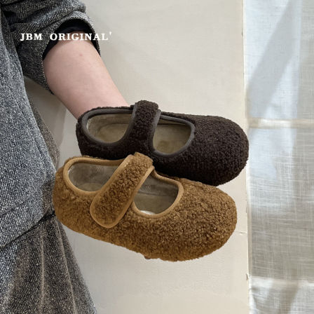 JBM 韩版儿童玛丽珍加绒浅口毛毛鞋2025冬新款女童复古软底豆豆鞋