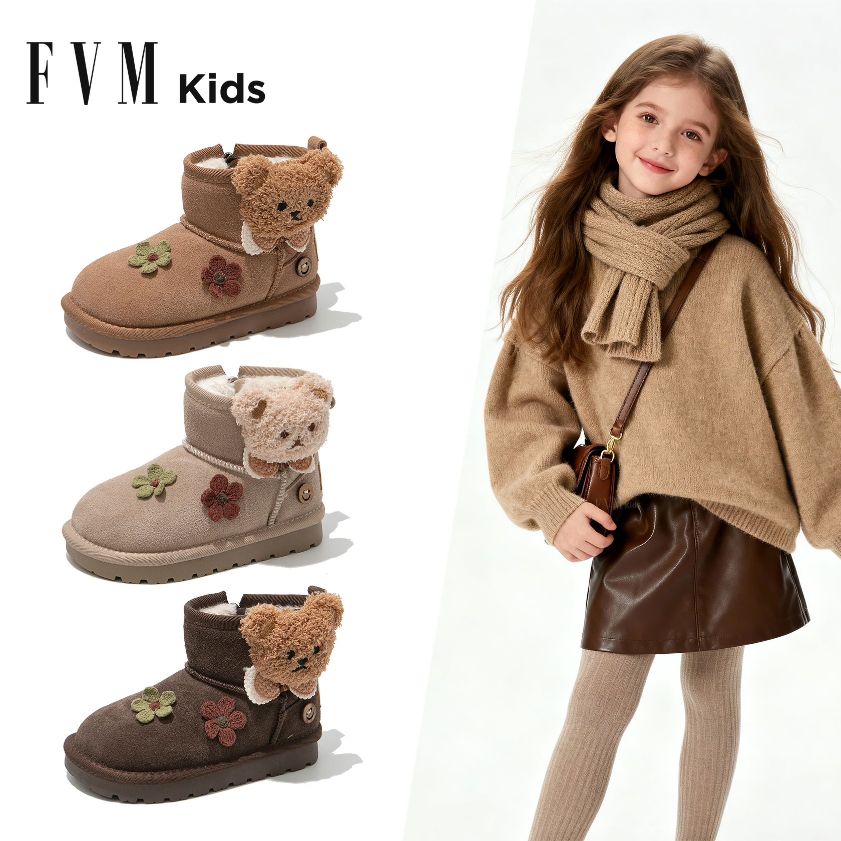 FVM女童雪地靴儿童大棉鞋子2025新款冬季女孩保暖加绒女宝宝冬靴主图