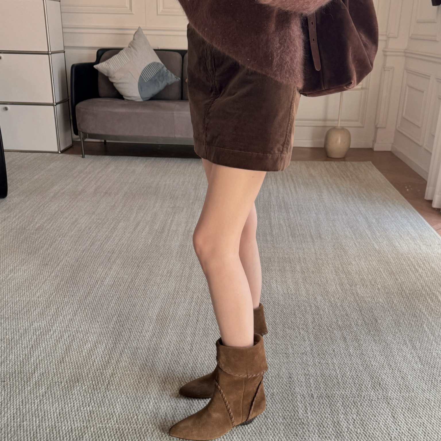 复古西部女郎！IM~高丝光小牛绒 穿条编织 尖头坡跟带短靴主图