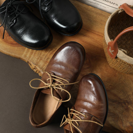 ED07057 茉莉雅集 钝感力圆头复古柔软水洗马皮系带真皮大底单鞋