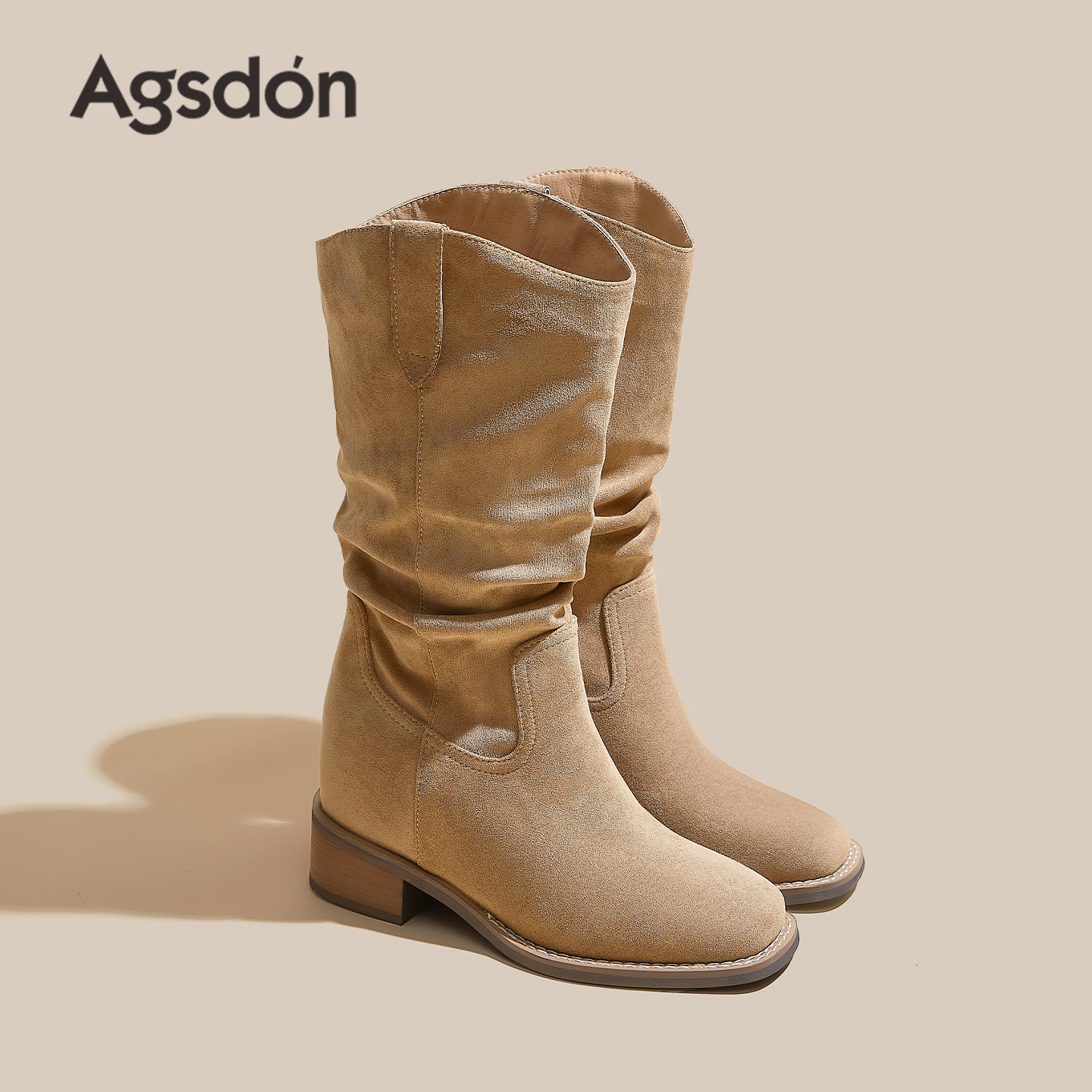 奥古狮登厚底靴子女2025新款秋冬季百搭中筒靴子复古堆堆靴西部靴主图