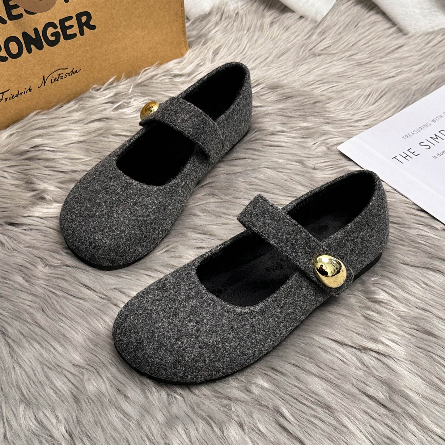 玛丽珍女鞋灰色巨好看配裙子的加绒法式单鞋毛毛鞋女外穿2025新款主图