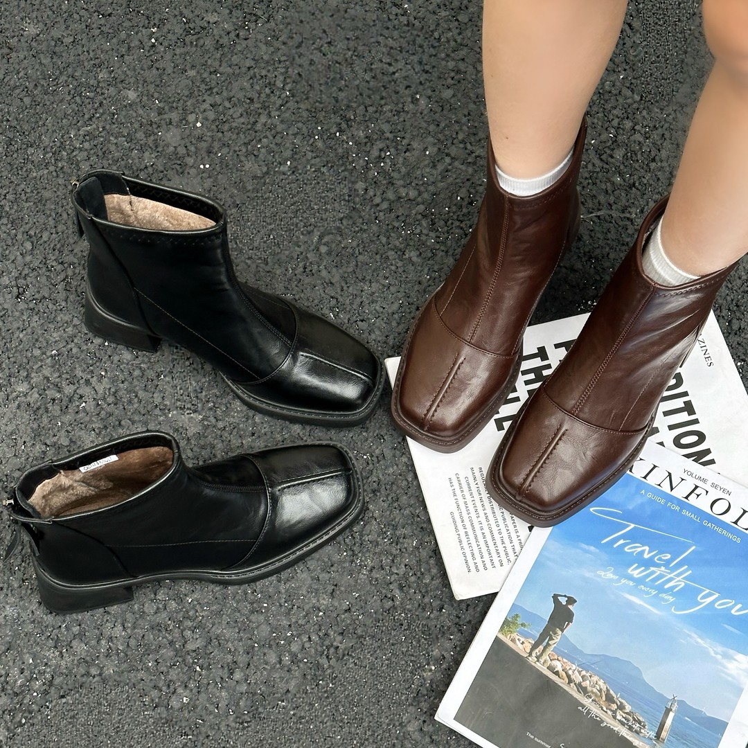 秋冬新款时尚休闲女鞋低跟短靴加绒棉鞋保暖瘦瘦靴66108//LJ主图