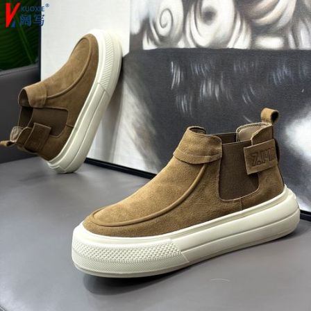 冬季新款一脚蹬加绒保暖棉鞋厚底防滑轻质磨砂皮短靴男士休闲板鞋