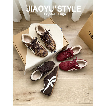 真皮~骄屿5cm内增高豹纹德训鞋2025秋冬雪地靴加绒棉鞋运动休闲鞋