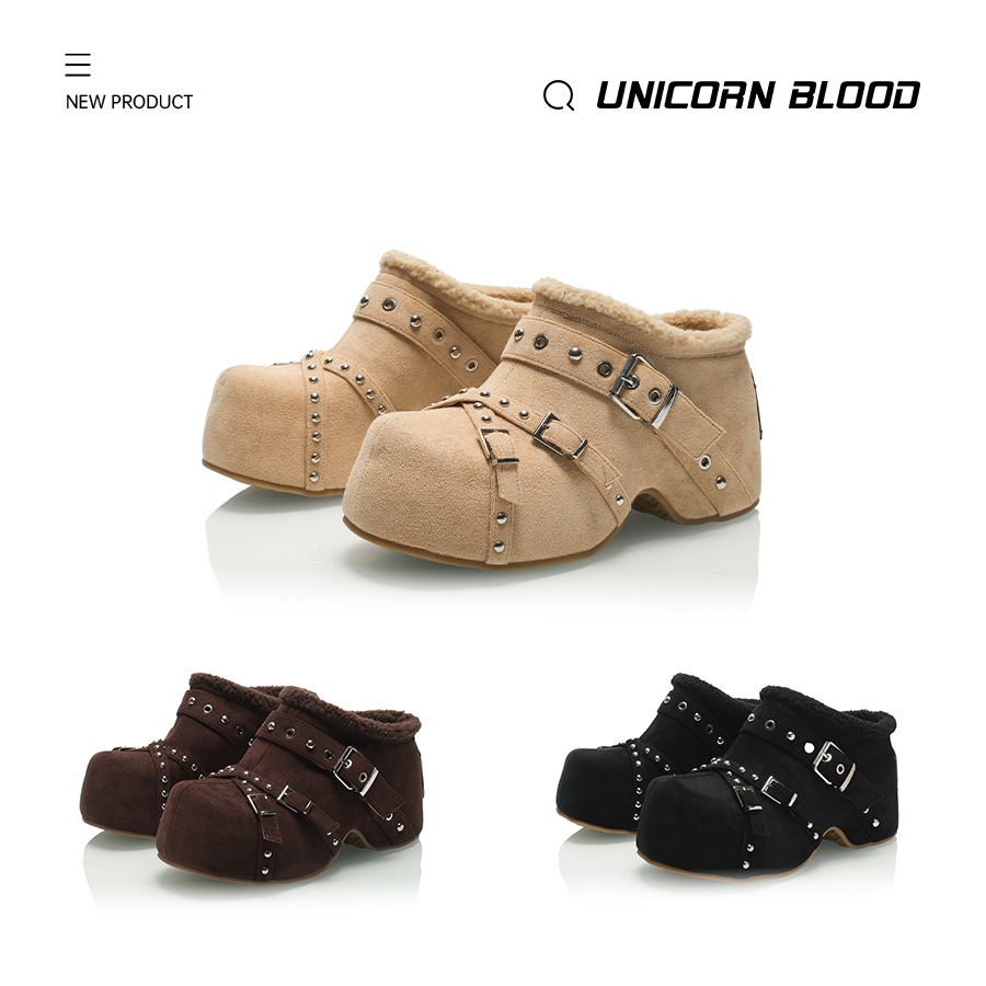 UnicornBlood 软糯厚底铆钉皮带扣博肯拖鞋 秋冬内增高女鞋毛毛鞋主图
