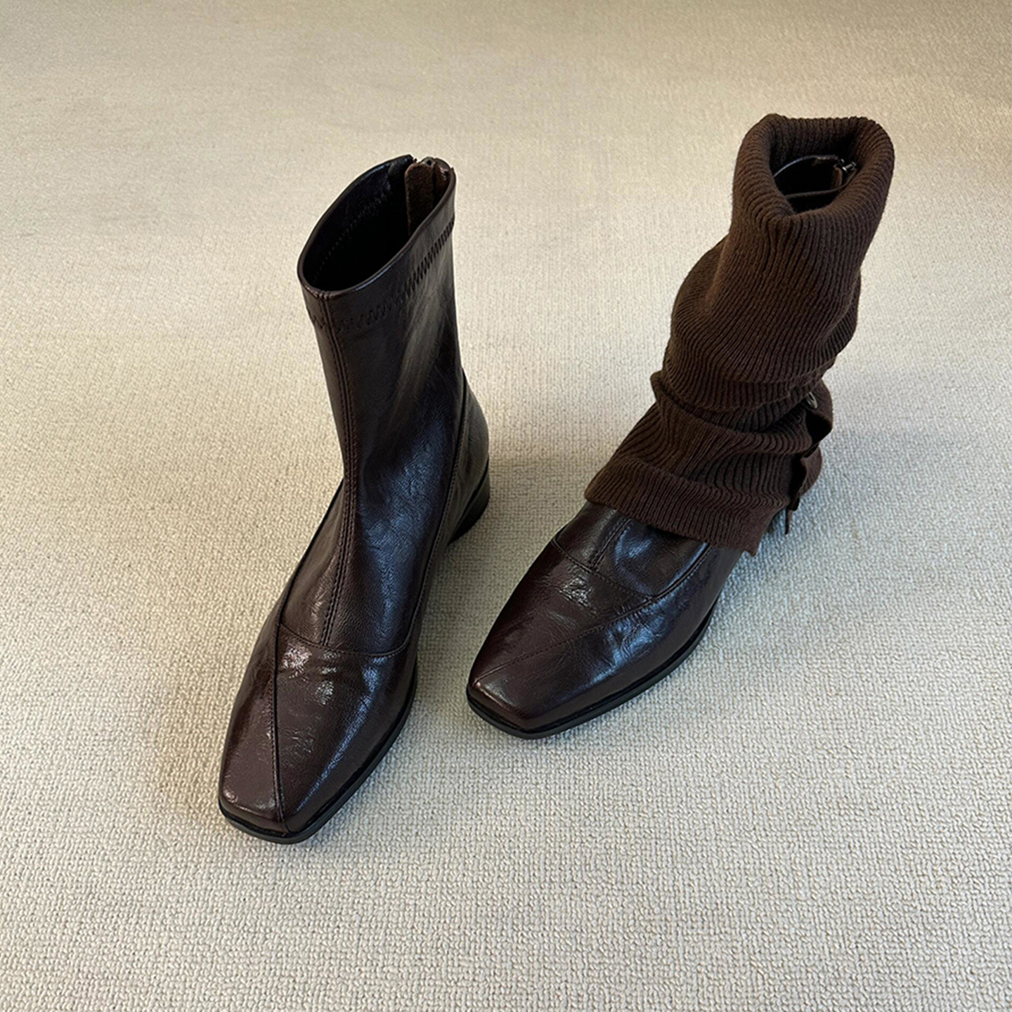 牛皮版~复古低跟瘦瘦靴后拉链方头显瘦弹力靴女百搭通勤气质短靴主图