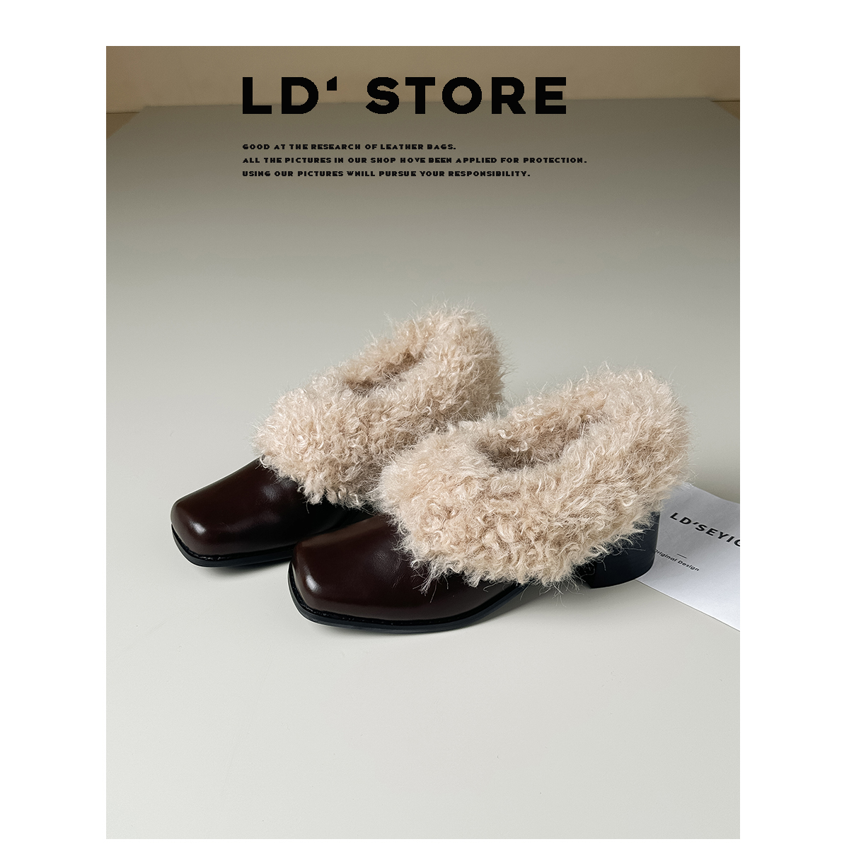 真皮~粗跟复古方头毛毛鞋冬季新款玛丽珍小皮鞋加绒保暖雪地棉鞋主图