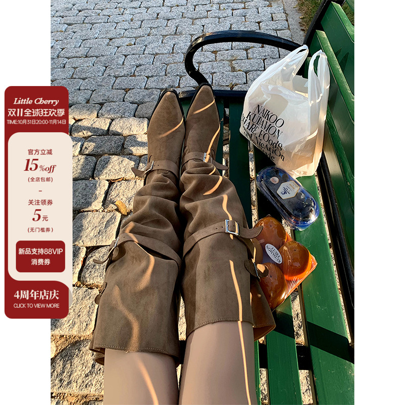 肉装小cherry 长腿欧尼 废土风尖头粗跟堆堆靴美拉德西部长筒靴女主图