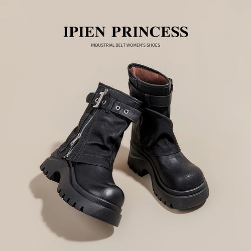 皮带扣8cm裤管靴女2025新款粗跟小个子时尚舒适马丁靴侧拉链女靴主图