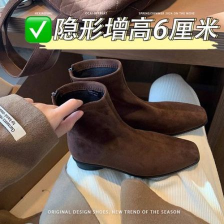 加绒女款靴子广州鞋5cm内增高短靴英伦风复古百搭秋冬新款马丁靴