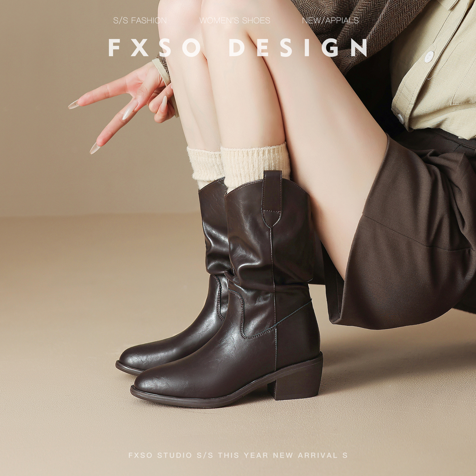 真皮方巷2025秋冬新款尖头骑士靴女爆款车缝线增高显瘦短筒骑士靴主图