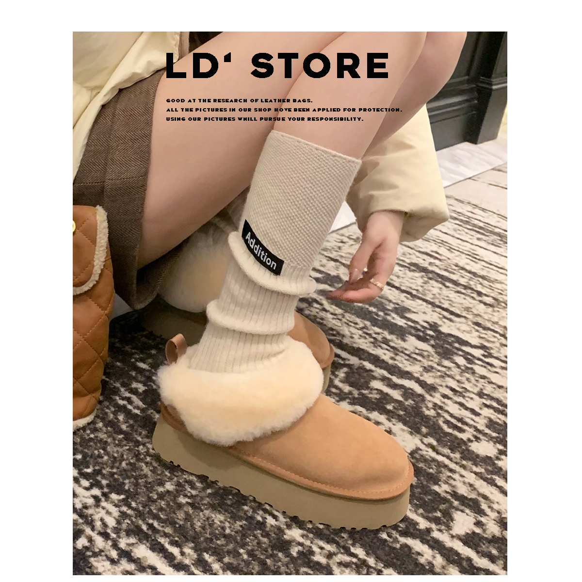 真皮~厚底低帮毛毛雪地靴女2025新款冬季加绒保暖一脚蹬包头棉鞋主图