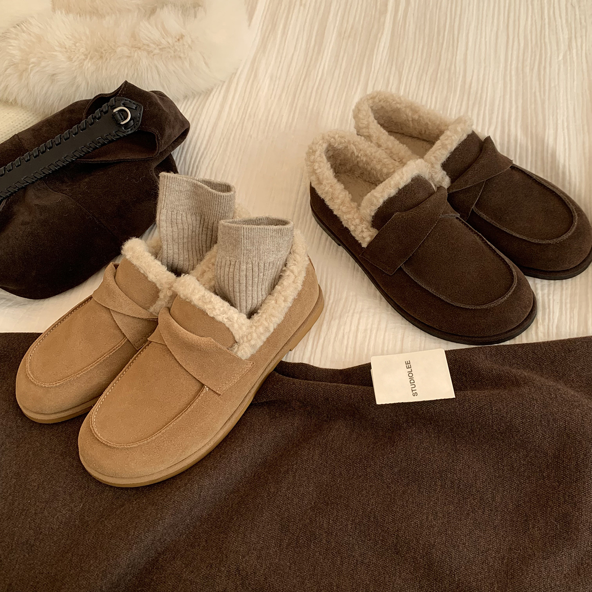 葡萄妈studiolee  保暖圆头翻折带一脚蹬百搭毛毛乐福鞋女秋冬主图