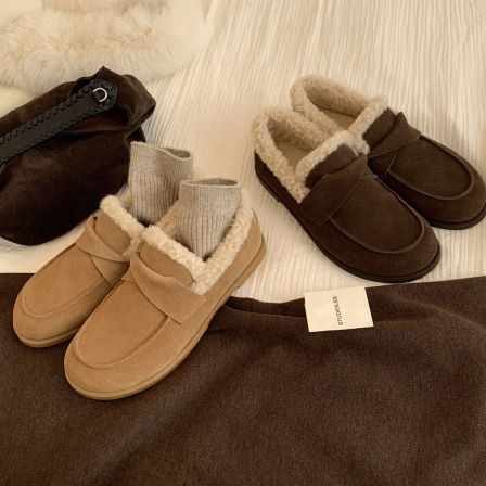 葡萄妈studiolee  保暖圆头翻折带一脚蹬百搭毛毛乐福鞋女秋冬