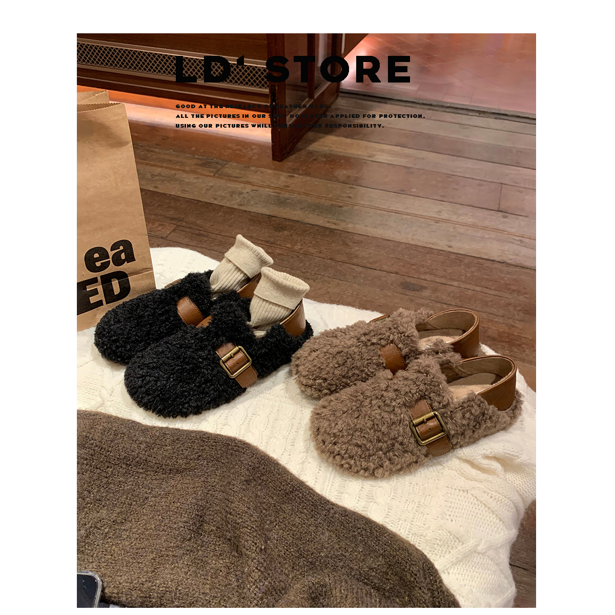 内增高毛毛勃肯鞋女2025冬季新款金属扣带两穿加绒保暖雪地棉鞋子主图