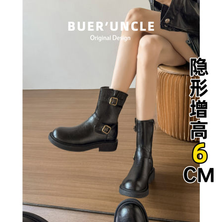不二鞋坊美拉德英伦风马丁靴女款2025新款冬季厚底内增高黑色短靴