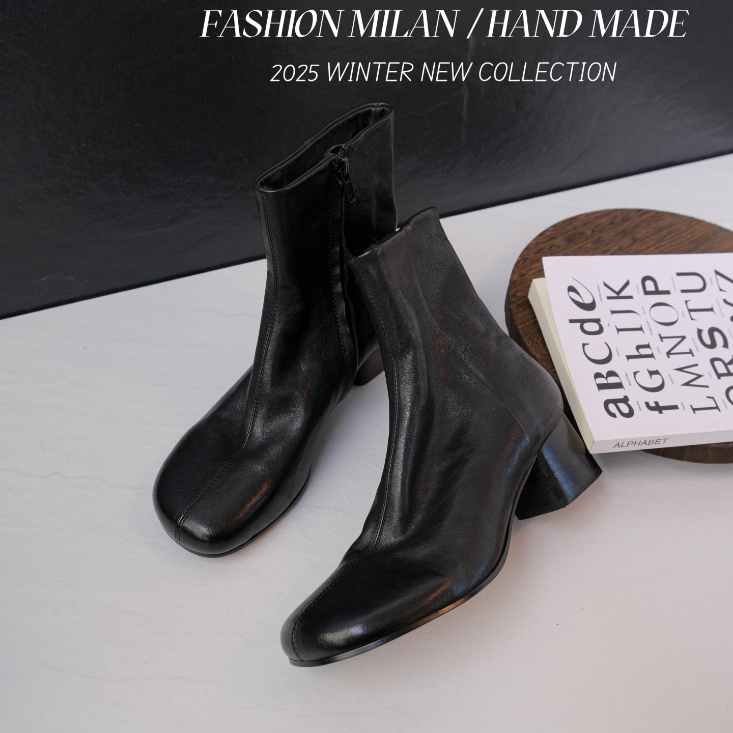 F.M2025巨好看真皮法式复古瘦瘦靴女士短靴百搭中跟裸靴子中筒靴主图